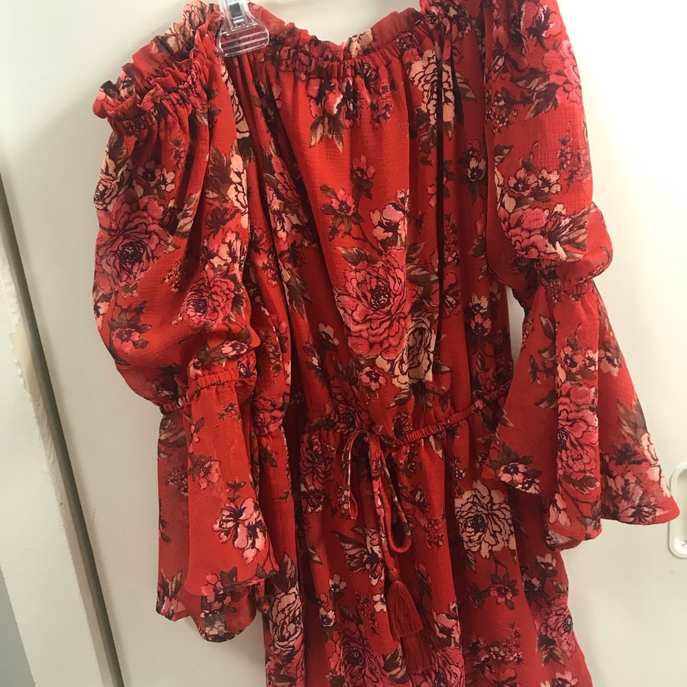 Red floral off the shoulder romper